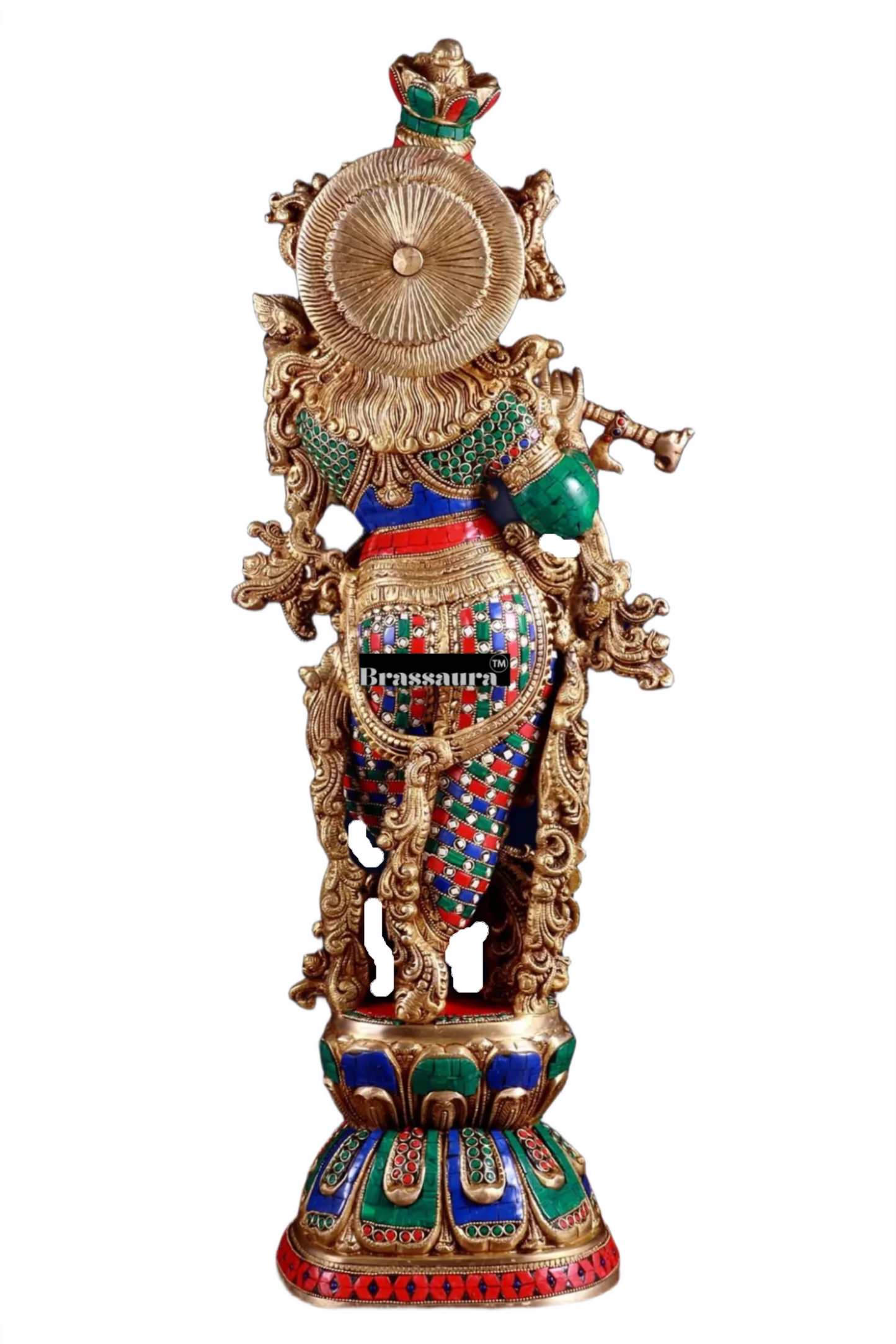 Brassaura™ Brass Krishna Playing Flute Statue with Stonework – Height 29 Inches & Weight 20 Kgs
