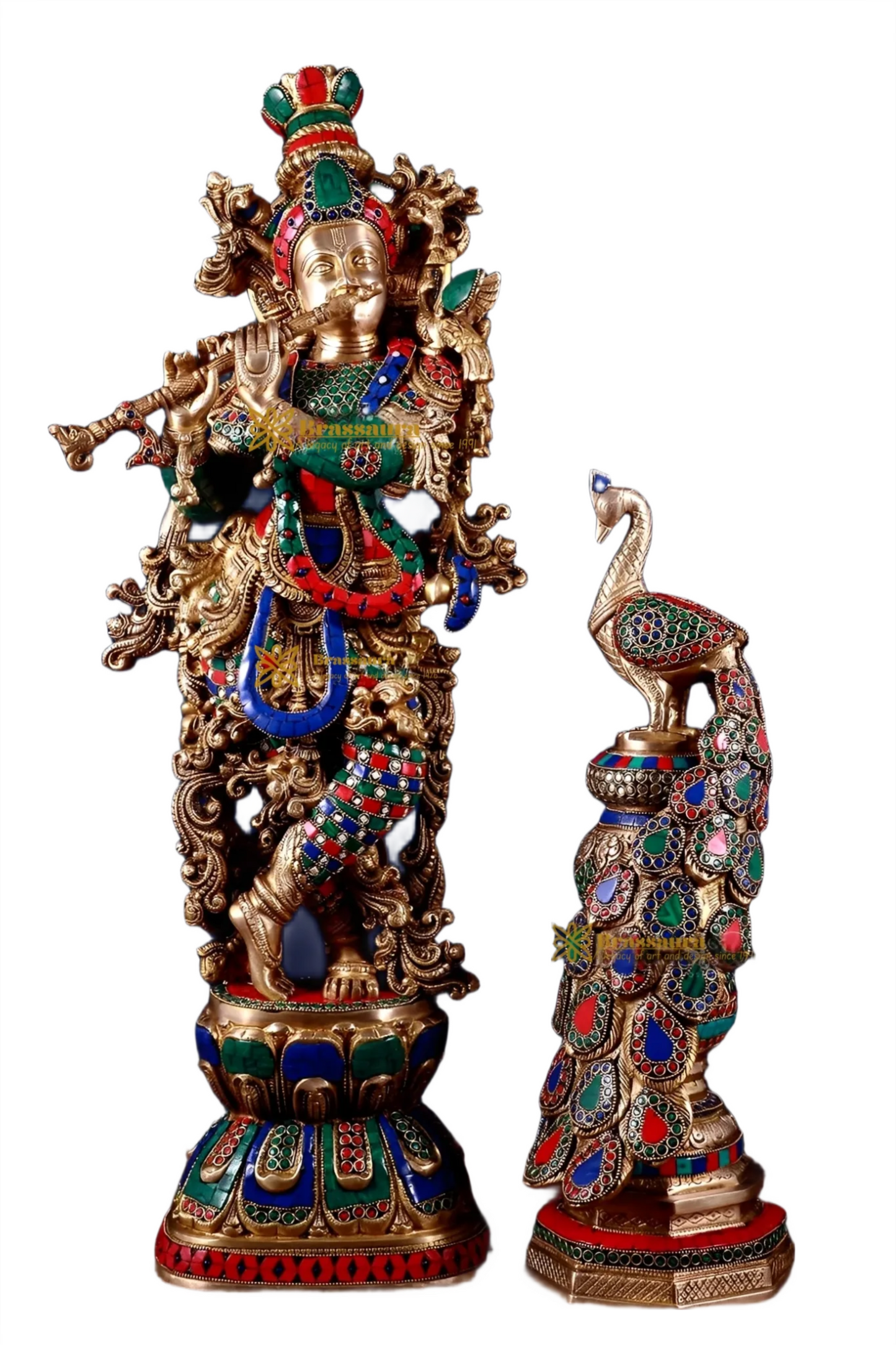 Brassaura™ Krishna Flute Statue (29" | 19 Kgs) & Large Peacock Showpiece (20" | 8.5 Kgs) Set