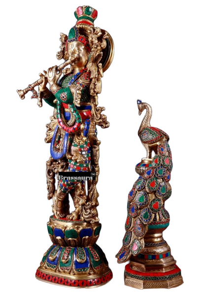 Brassaura™ Krishna Flute Statue (29" | 19 Kgs) & Large Peacock Showpiece (20" | 8.5 Kgs) Set