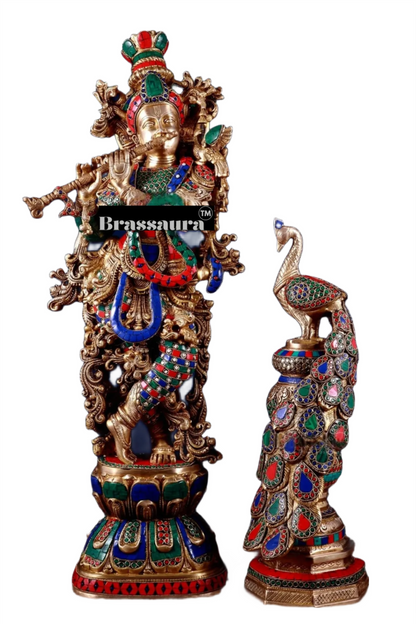 Brassaura™ Krishna Flute Statue (29" | 19 Kgs) & Large Peacock Showpiece (20" | 8.5 Kgs) Set
