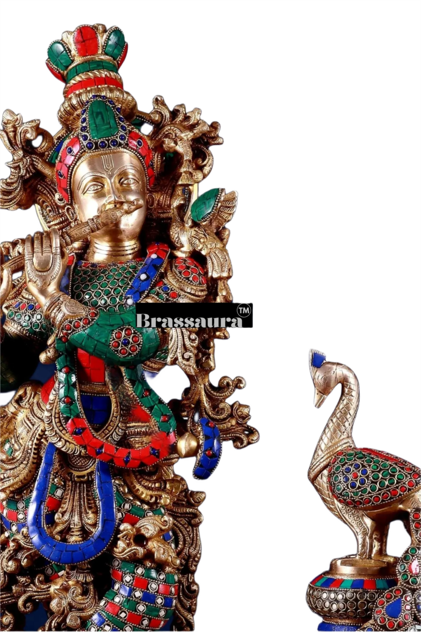 Brassaura™ Krishna Flute Statue (29" | 19 Kgs) & Large Peacock Showpiece (20" | 8.5 Kgs) Set