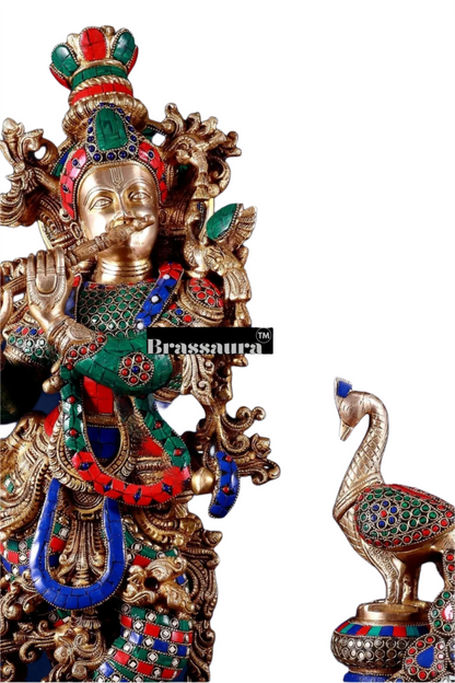 Brassaura™ Krishna Flute Statue (29" | 19 Kgs) & Large Peacock Showpiece (20" | 8.5 Kgs) Set