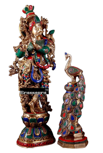 Brassaura™ Krishna Flute Statue (29" | 19 Kgs) & Large Peacock Showpiece (20" | 8.5 Kgs) Set