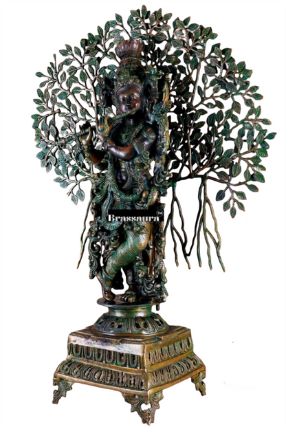 Brassaura™ Krishna Muralidhari Brass Idol – Height 35" | Weight 31 Kgs | Antique Gold Finish