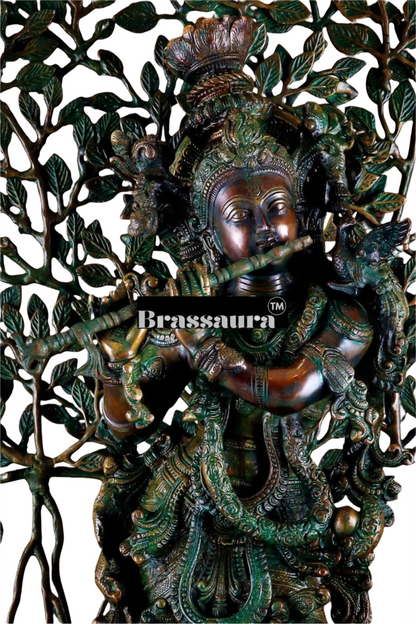 Brassaura™ Krishna Muralidhari Brass Idol – Height 35" | Weight 31 Kgs | Antique Gold Finish