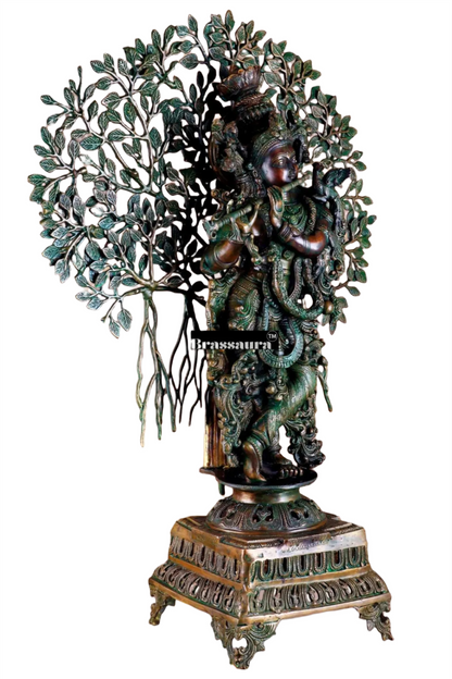 Brassaura™ Krishna Muralidhari Brass Idol – Height 35" | Weight 31 Kgs | Antique Gold Finish