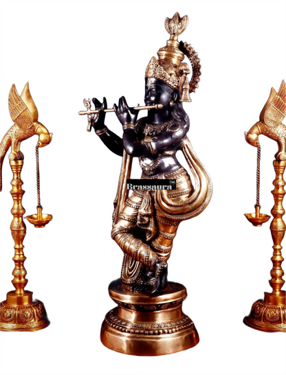 Brassaura™ Large Lord Krishna Brass Statue – Height 36" | Weight 22 Kgs | Black & Golden Finish