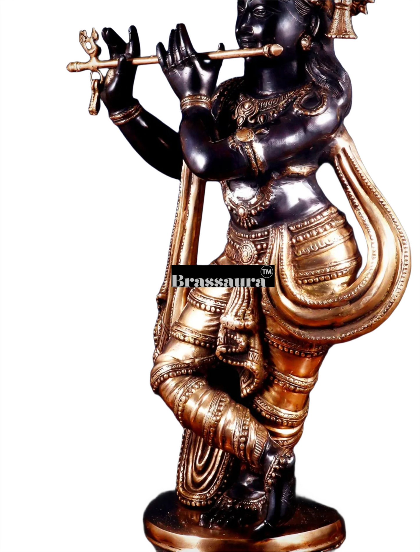 Brassaura™ Large Lord Krishna Brass Statue – Height 36" | Weight 22 Kgs | Black & Golden Finish