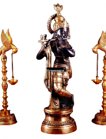 Brassaura™ Large Lord Krishna Brass Statue – Height 36" | Weight 22 Kgs | Black & Golden Finish