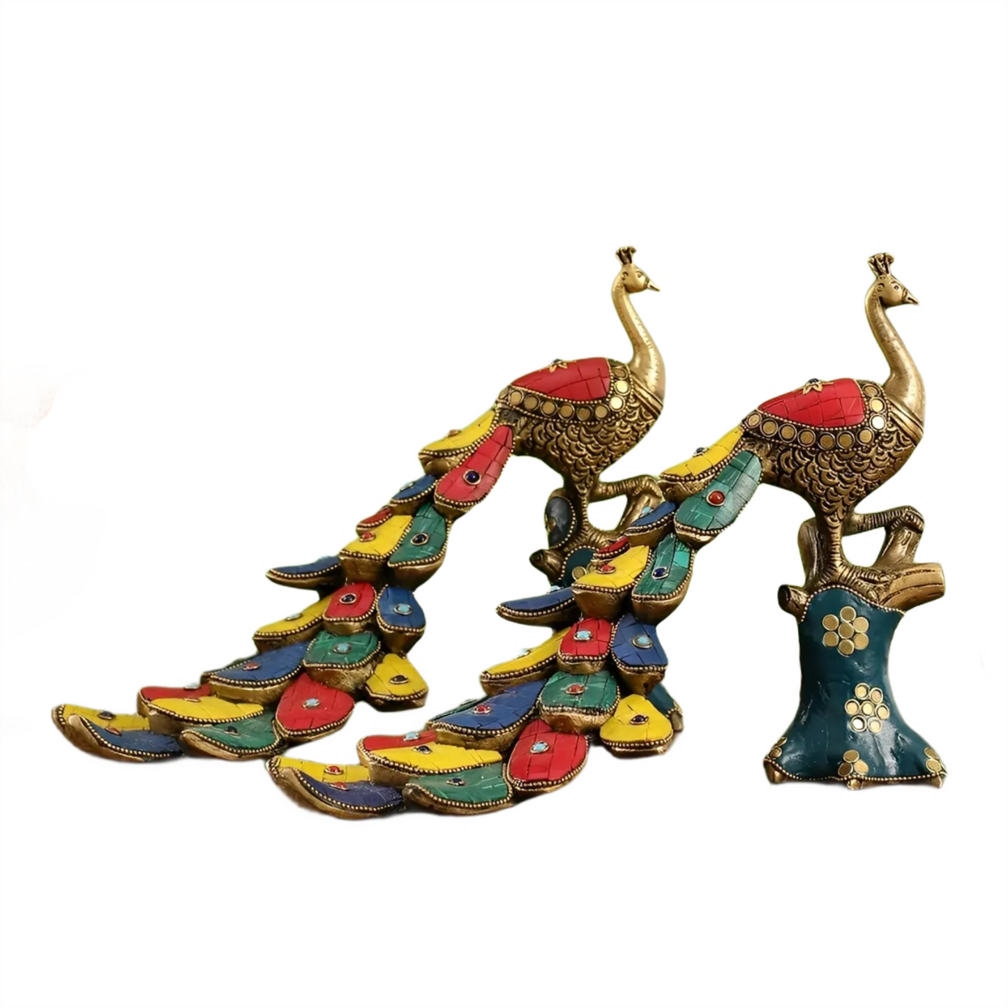 Brassaura™ Brass Peacock Table Accent Pair with Meenakari Stonework – Height 8.5 Inches Each & Total Weight 5 Kgs
