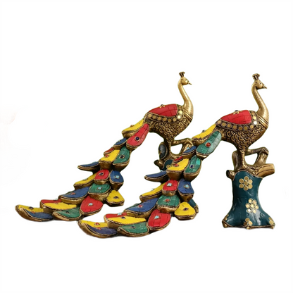 Brassaura™ Brass Peacock Table Accent Pair with Meenakari Stonework – Height 8.5 Inches Each & Total Weight 5 Kgs