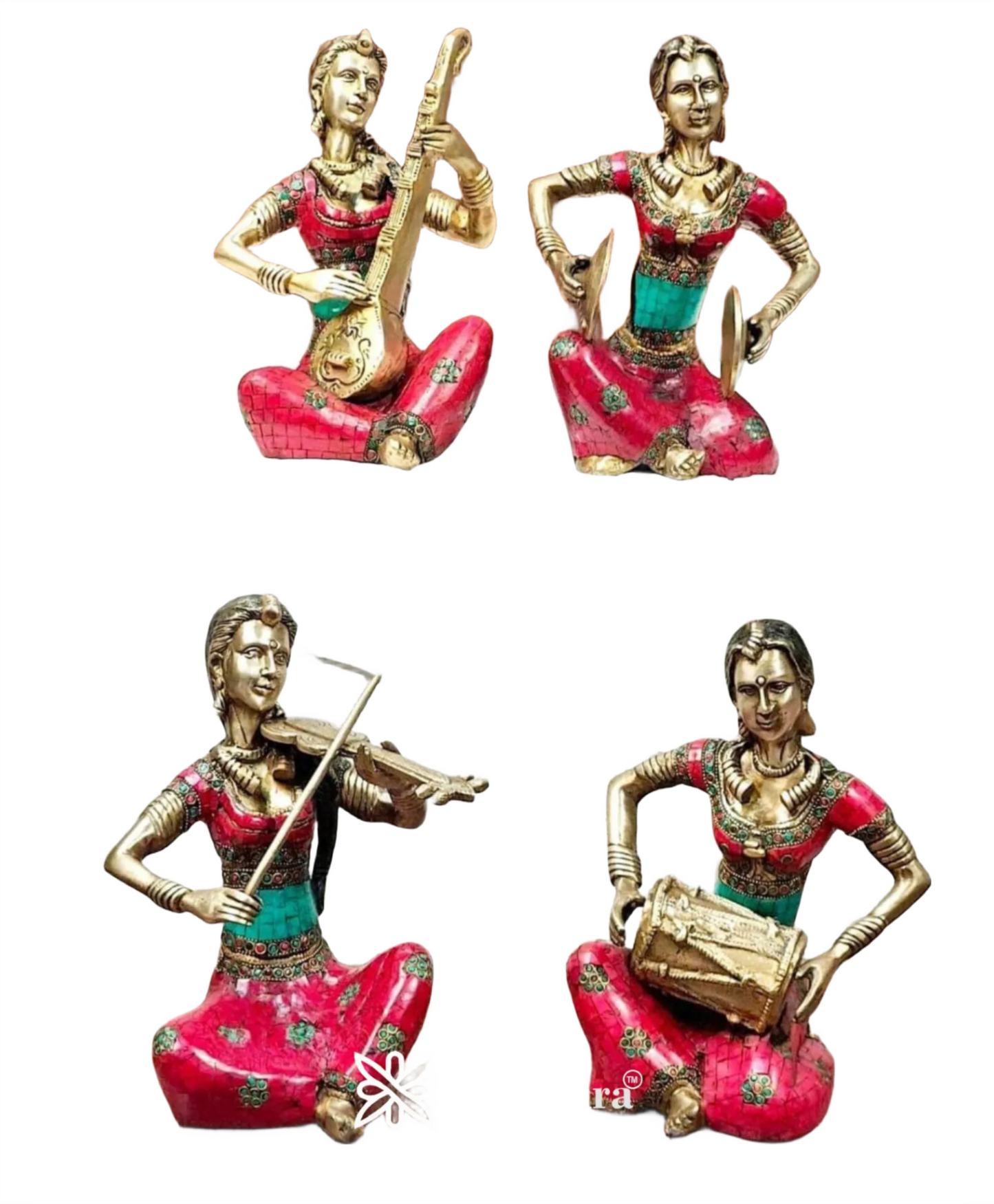 Brassaura™ Brass Tribal Lady Musicians Set – Height 11 Inches Each & Total Weight 21 Kgs (Set of 4)