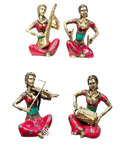 Brassaura™ Brass Tribal Lady Musicians Set – Height 11 Inches Each & Total Weight 21 Kgs (Set of 4)