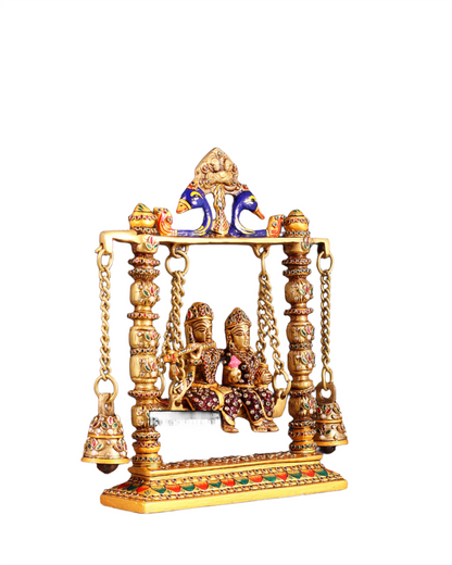 Brassaura™ Brass Radha Krishna Swing Idol with Laakh Meenakari – Height 10 Inches & Weight 2.5 Kgs | Elegant Devotional Statue