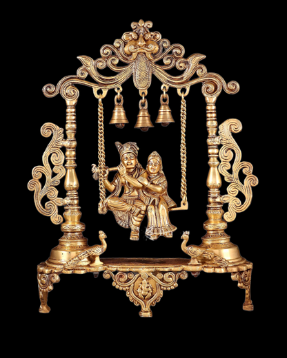 Brassaura™ Majestic Brass Radha Krishna Swing Idol with Peacocks – Height 20 Inches & Weight 7.5 Kgs | Antique Finish Devotional Statue