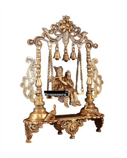 Brassaura™ Majestic Brass Radha Krishna Swing Idol with Peacocks – Height 20 Inches & Weight 7.5 Kgs | Antique Finish Devotional Statue