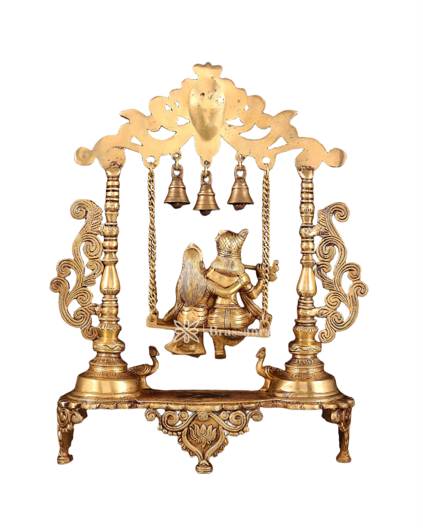 Brassaura™ Majestic Brass Radha Krishna Swing Idol with Peacocks – Height 20 Inches & Weight 7.5 Kgs | Antique Finish Devotional Statue