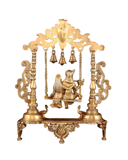 Brassaura™ Majestic Brass Radha Krishna Swing Idol with Peacocks – Height 20 Inches & Weight 7.5 Kgs | Antique Finish Devotional Statue