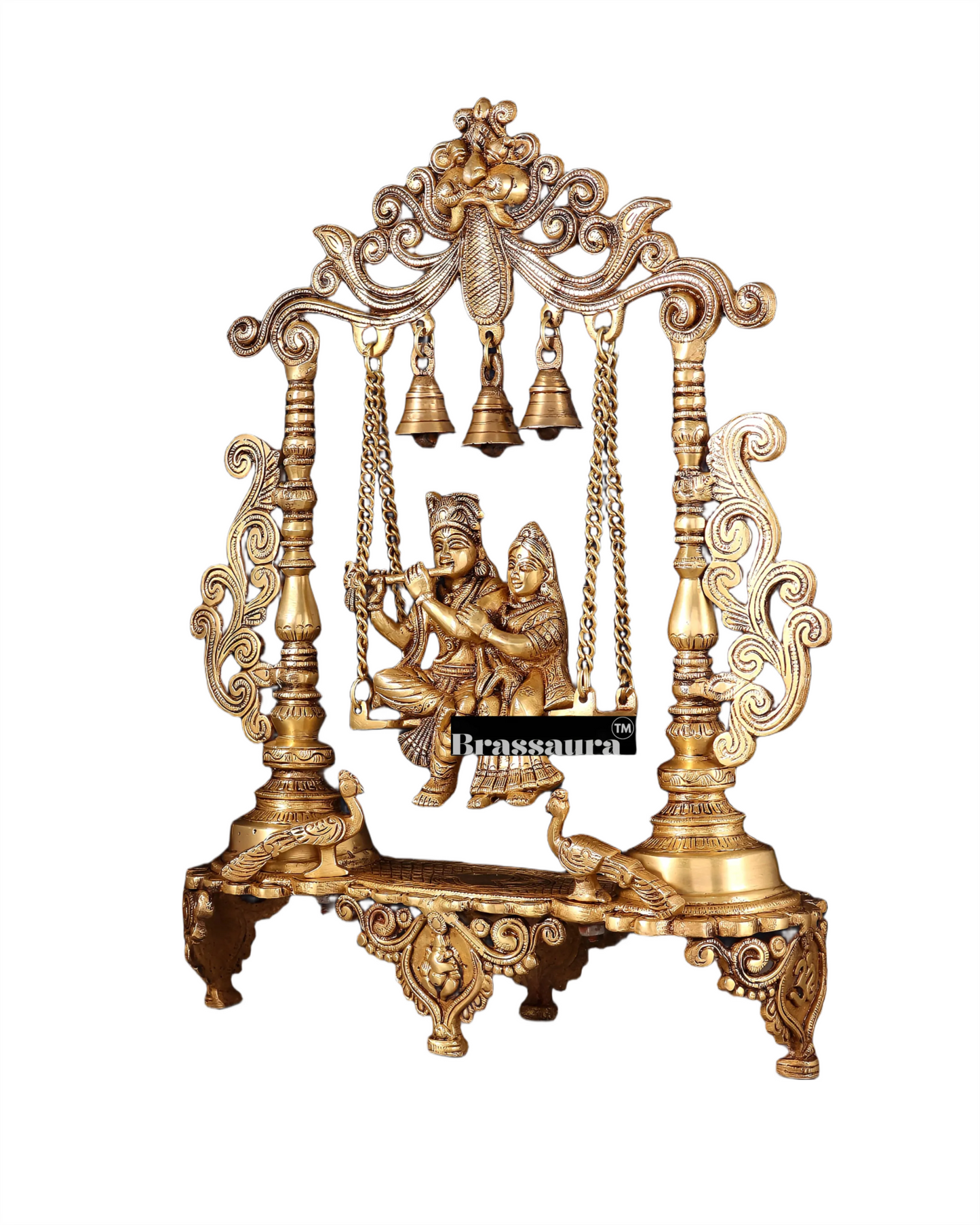 Brassaura™ Majestic Brass Radha Krishna Swing Idol with Peacocks – Height 20 Inches & Weight 7.5 Kgs | Antique Finish Devotional Statue