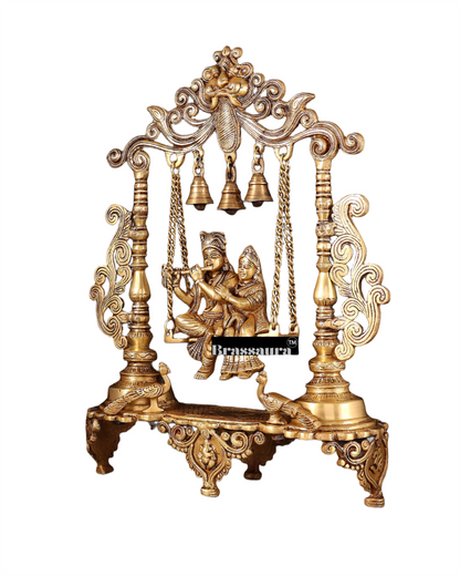 Brassaura™ Majestic Brass Radha Krishna Swing Idol with Peacocks – Height 20 Inches & Weight 7.5 Kgs | Antique Finish Devotional Statue