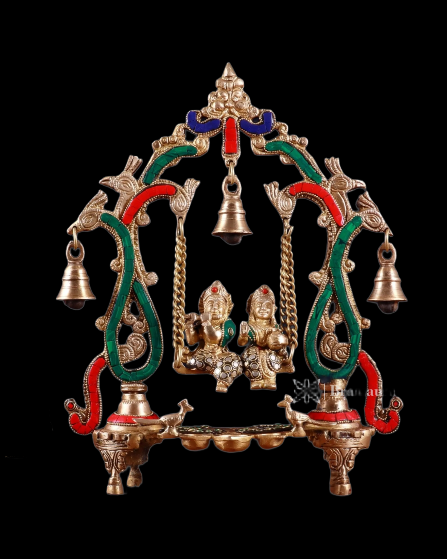 Brassaura™ Brass Radha Krishna Swing Idol with Diyas, Peacocks & Bells – Height 13.5 Inches & Weight 2.4 Kgs | Elegant Devotional Statue