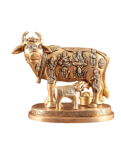 Brassaura™ Engraved Brass Kamdhenu Statue – Height 5" | Weight 2 Kgs