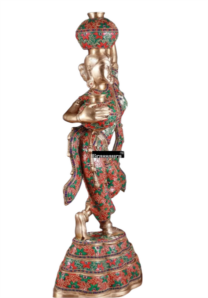 Brassaura™ Pure Brass Krishna’s Gopi with Butter Pots Statue – Height 27.2 Inches & Weight 15 Kgs | Meenakari Work Home & Temple Décor