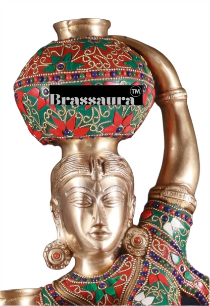 Brassaura™ Pure Brass Krishna’s Gopi with Butter Pots Statue – Height 27.2 Inches & Weight 15 Kgs | Meenakari Work Home & Temple Décor
