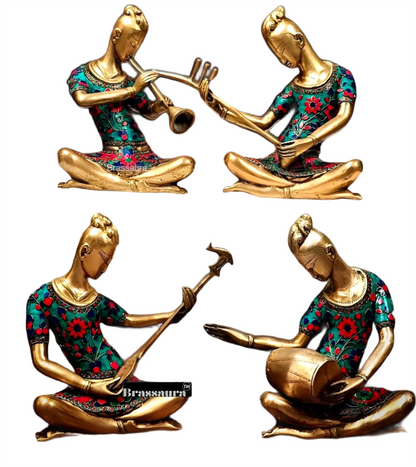Brassaura™ Brass Tribal Musician Set of 4 – Height 13 Inches & Total Weight 27 Kgs | Ethnic Home Décor