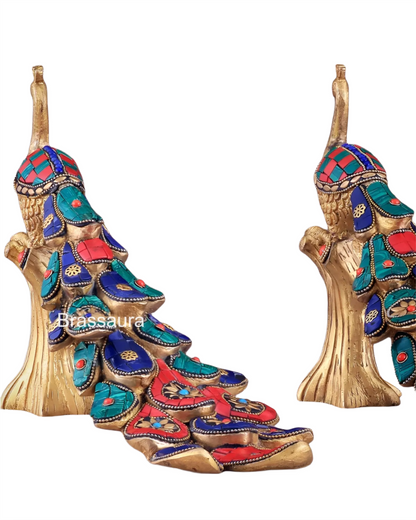 Brassaura™ Handcrafted Brass Peacock Table Accent with Meenakari Stonework – Height 8.5 Inches & Weight 2.5 Kgs