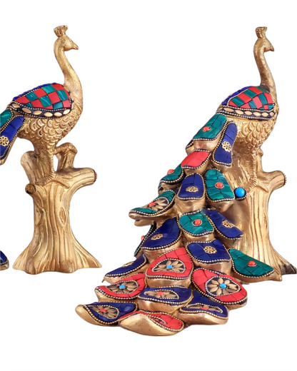 Brassaura™ Handcrafted Brass Peacock Table Accent with Meenakari Stonework – Height 8.5 Inches & Weight 2.5 Kgs