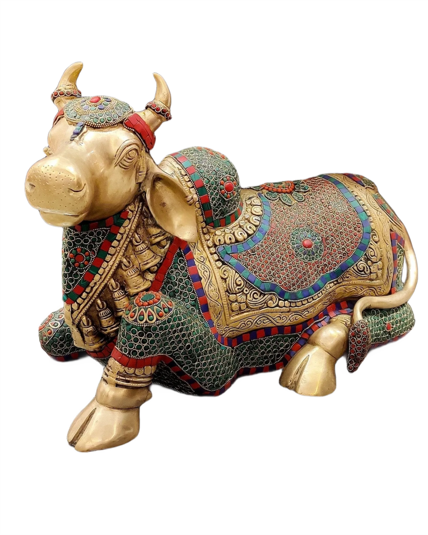 Brassaura™ Brass Nandi Statue with Stonework – Height 15 Inches & Weight 9 Kgs | Sacred Temple Idol