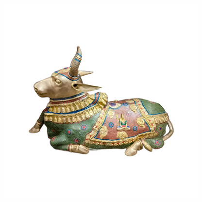 Brassaura™ Grand Brass Nandi Sculpture with Stonework – Height 82 Inches & Weight 151 Kgs | Majestic Temple Idol