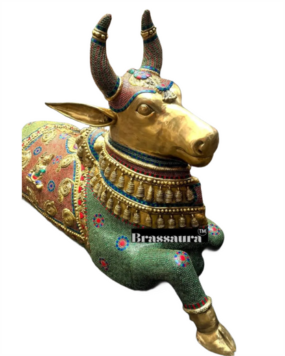 Brassaura™ Grand Brass Nandi Sculpture with Stonework – Height 82 Inches & Weight 151 Kgs | Majestic Temple Idol