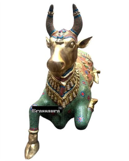 Brassaura™ Grand Brass Nandi Sculpture with Stonework – Height 82 Inches & Weight 151 Kgs | Majestic Temple Idol