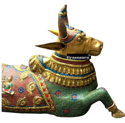 Brassaura™ Grand Brass Nandi Sculpture with Stonework – Height 82 Inches & Weight 151 Kgs | Majestic Temple Idol