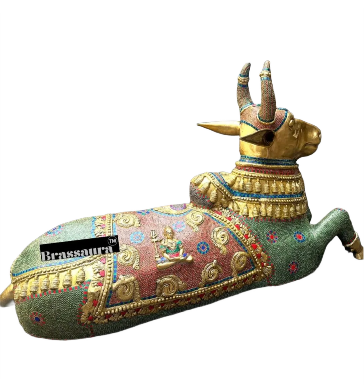 Brassaura™ Grand Brass Nandi Sculpture with Stonework – Height 82 Inches & Weight 151 Kgs | Majestic Temple Idol