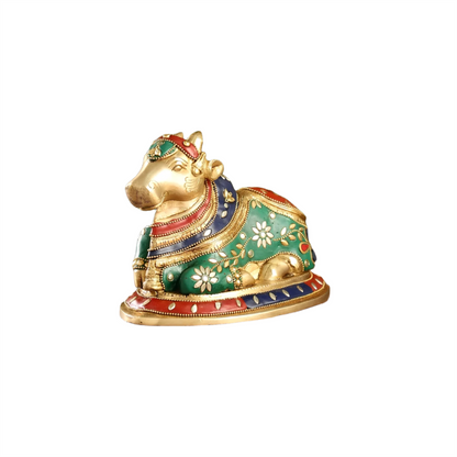 Brassaura™ Brass Nandi Statue with Natural Stones – Height 6 Inches | Traditional Temple Idol