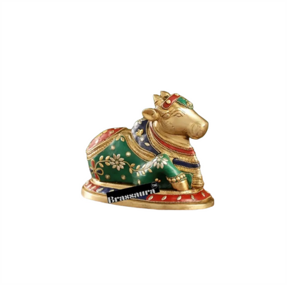 Brassaura™ Brass Nandi Statue with Natural Stones – Height 6 Inches | Traditional Temple Idol