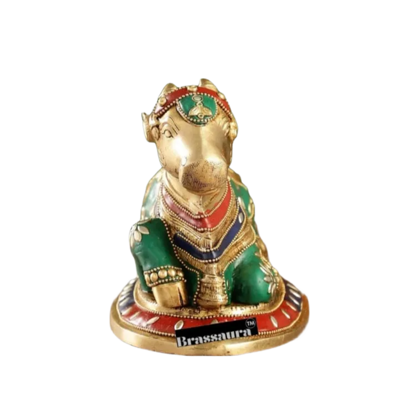 Brassaura™ Brass Nandi Statue with Natural Stones – Height 6 Inches | Traditional Temple Idol