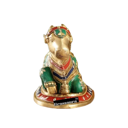 Brassaura™ Brass Nandi Statue with Natural Stones – Height 6 Inches | Traditional Temple Idol