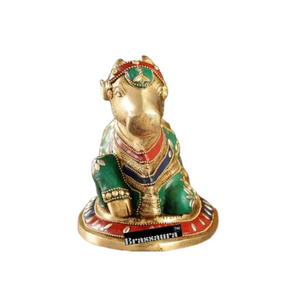 Brassaura™ Brass Nandi Statue with Natural Stones – Height 6 Inches | Traditional Temple Idol