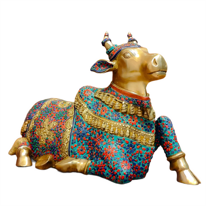 Brassaura™ Handcrafted Brass Wirework Nandi Bull with Natural Stones – Height 21 Inches & Weight 30 Kgs | Majestic Temple Sculpture