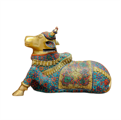 Brassaura™ Handcrafted Brass Wirework Nandi Bull with Natural Stones – Height 21 Inches & Weight 30 Kgs | Majestic Temple Sculpture