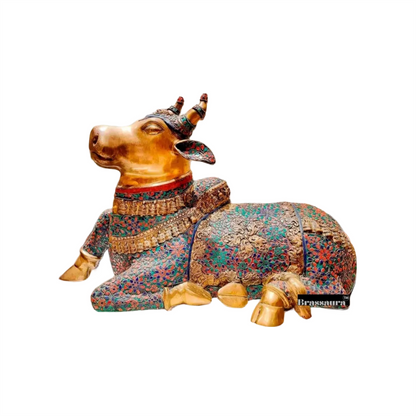 Brassaura™ Handcrafted Brass Wirework Nandi Bull with Natural Stones – Height 21 Inches & Weight 30 Kgs | Majestic Temple Idol