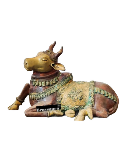 Brassaura™ Antique Brass Large Nandi Sculpture – Height 21.5 Inches & Weight 30 Kgs | Traditional Temple Idol