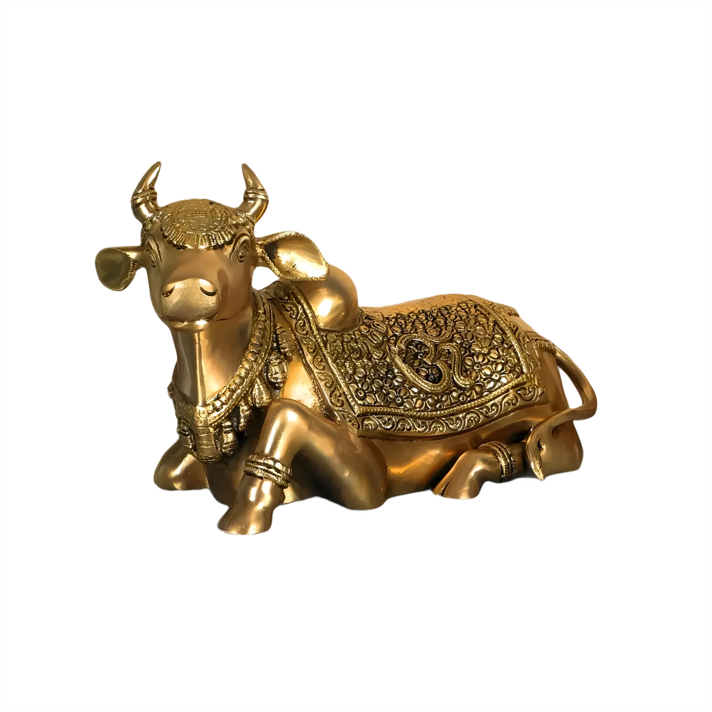 Brassaura™ Handcrafted Brass Nandi Statue with Sacred Symbols – Height 7.5 Inches & Weight 7 Kgs | Traditional Temple Idol