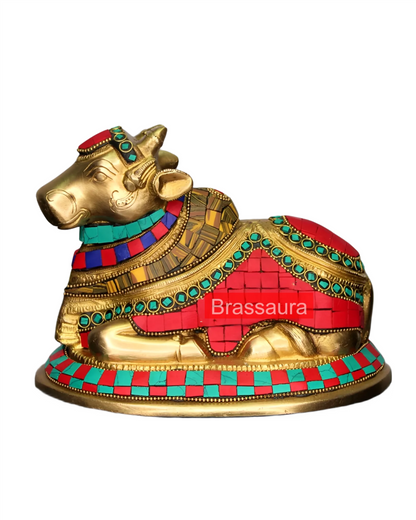 Brassaura™ Brass Nandi Statue with Colorful Natural Stones – Height 6 Inches & Weight 1.8 Kgs | Traditional Temple Idol