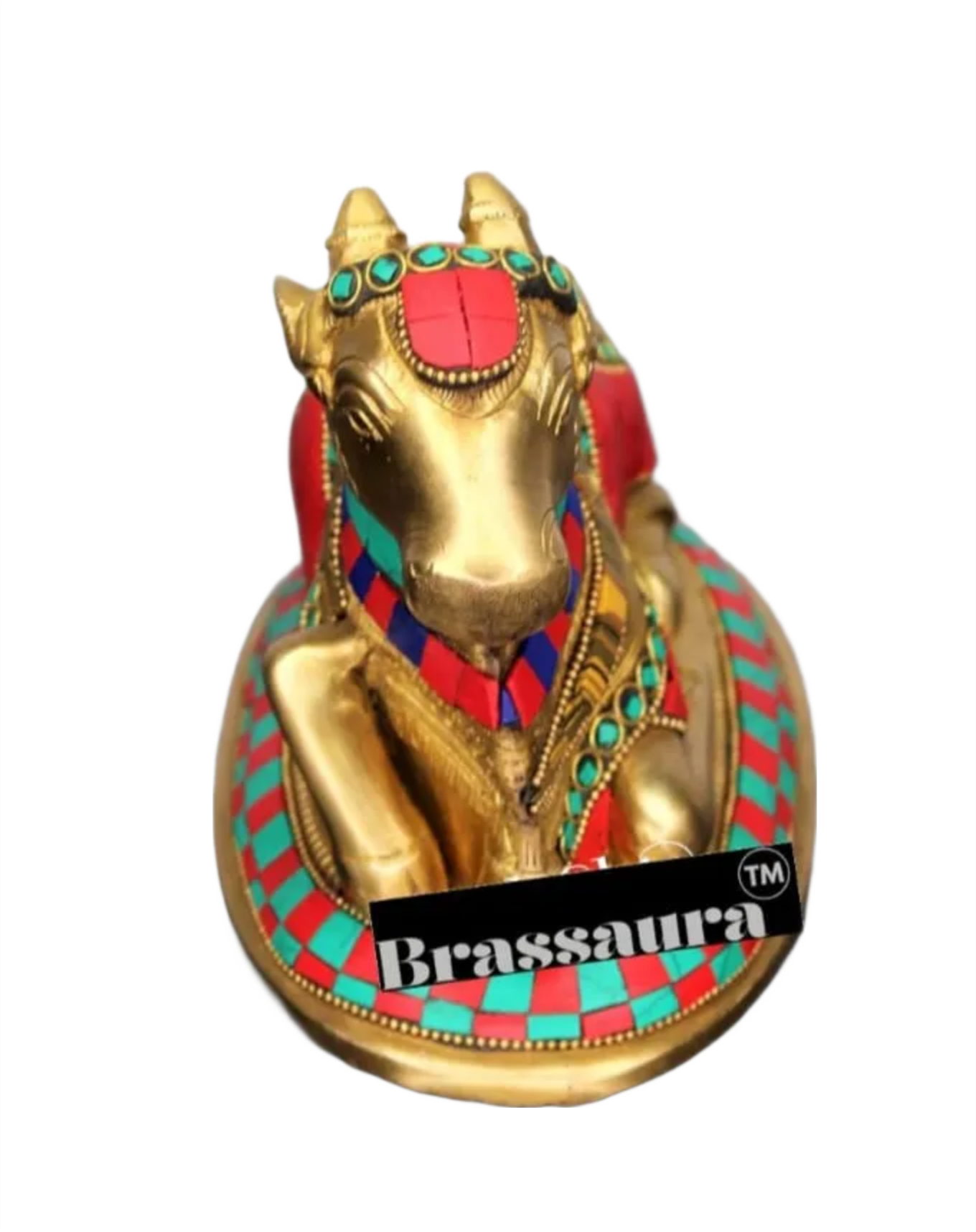 Brassaura™ Brass Nandi Statue with Colorful Natural Stones – Height 6 Inches & Weight 1.8 Kgs | Traditional Temple Idol