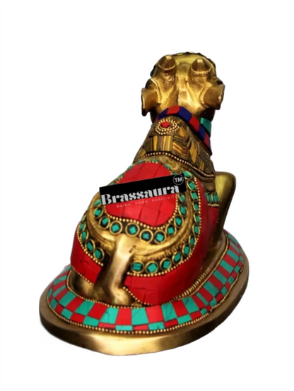 Brassaura™ Brass Nandi Statue with Colorful Natural Stones – Height 6 Inches & Weight 1.8 Kgs | Traditional Temple Idol